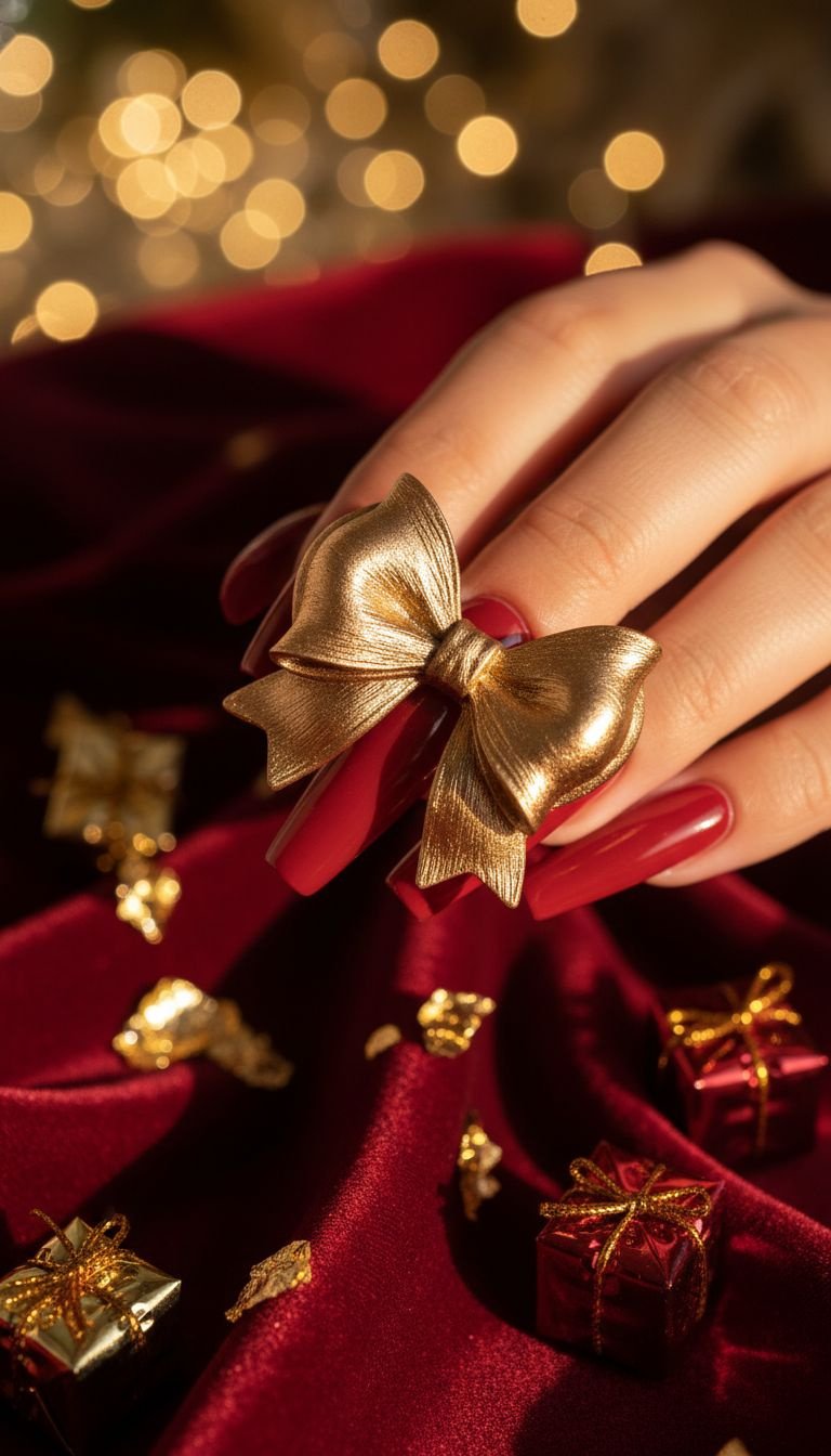 Bold metallic gold acrylic bow nail art on long coffin-shaped red nails. Reflective bow with dramatic lighting on velvet with Christmas lights.