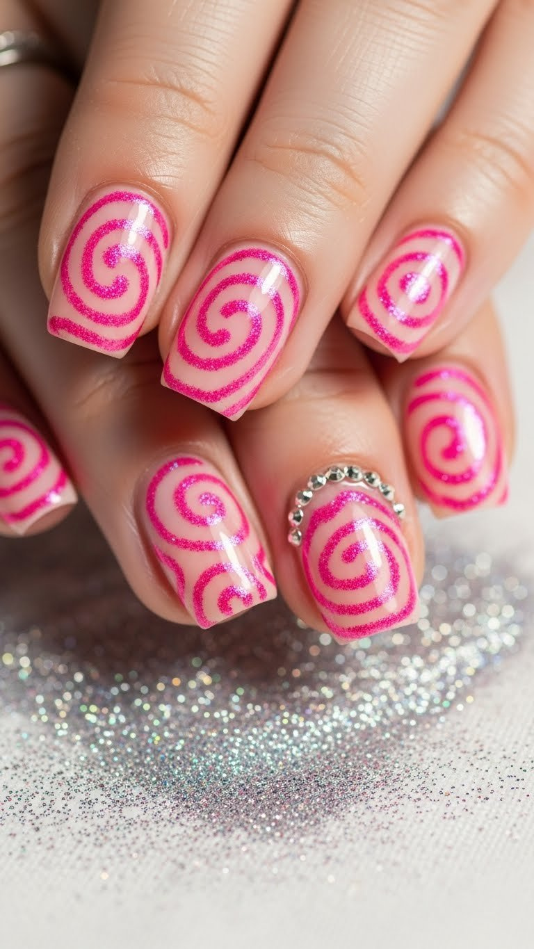 Bold pink swirl nails with shimmering holographic glitter dust and tiny silver rhinestones. Vibrant V-Day manicure on white fabric.