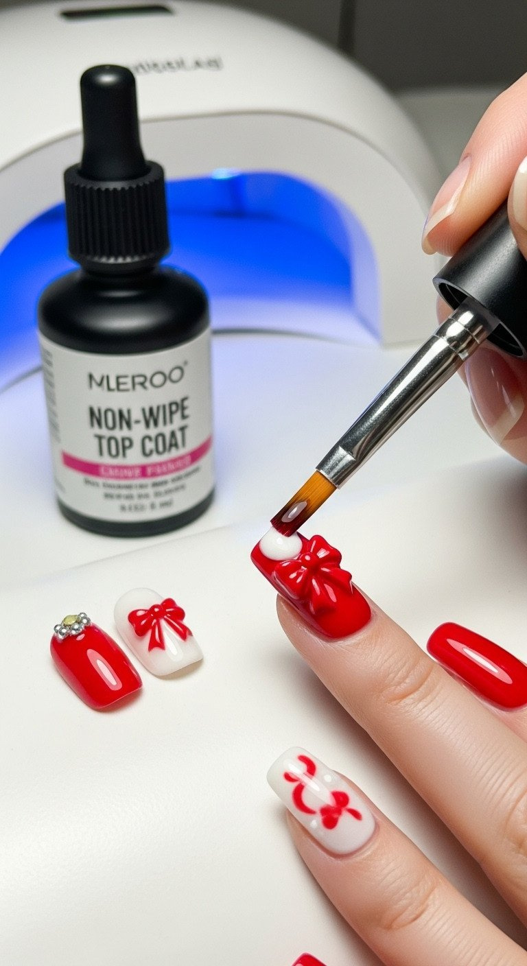 Brush applying high-gloss non-wipe top coat to a Christmas bow manicure, sealing flat decals and 3D elements for shine.