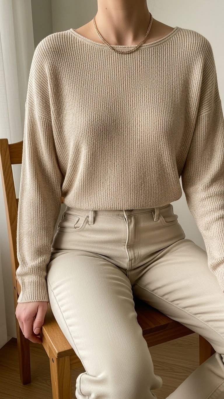 Budget aesthetic winter outfit: simple, cohesive layered look with soft textures, minimalist style in a clean, cozy room.