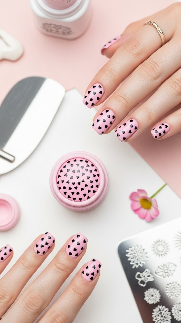 Charming pastel pink rounded nails with tiny stamped black heart patterns, nail stamping plate, and a small flower.