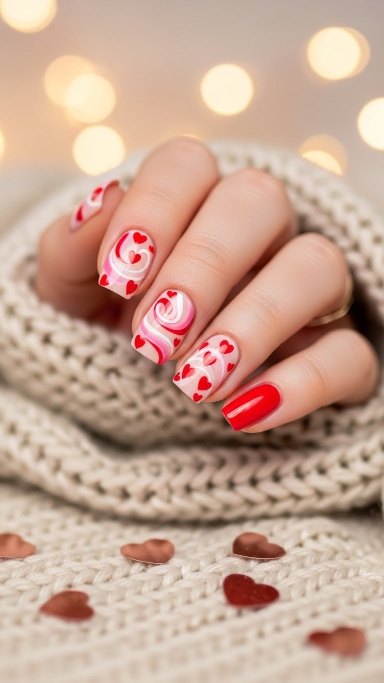 Charming pink & white swirl nails with integrated red heart details. Manicure with rose-gold confetti on a cozy beige knitted blanket.
