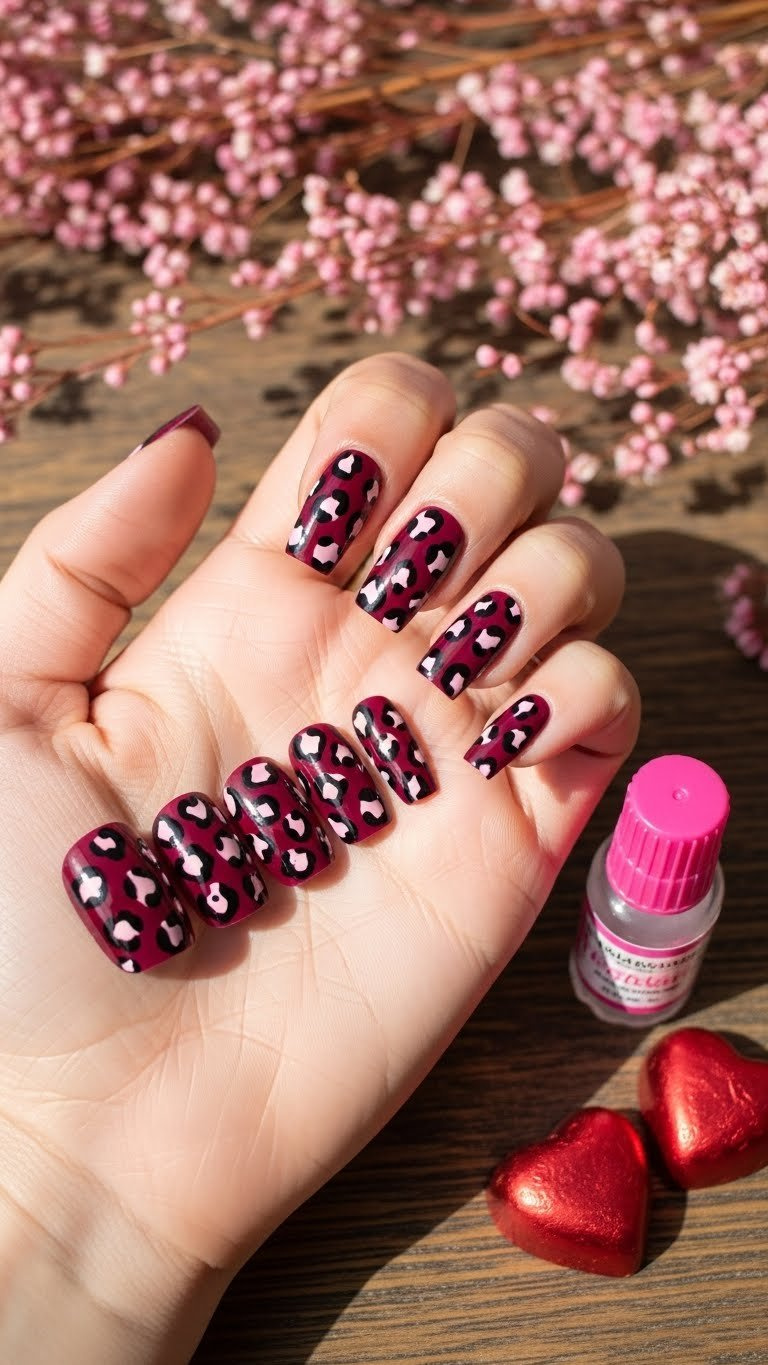Cheetah Valentine's press-on nails: burgundy leopard, black & pink cheetah spots, nail glue, heart chocolates. Rustic cozy manicure.