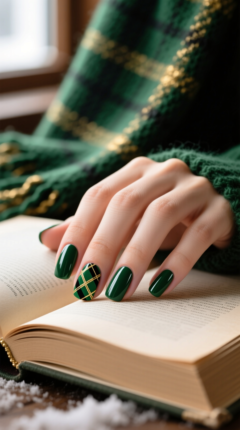 Chic Christmas manicure on square nails in deep forest green. An accent nail features a modern plaid pattern with a metallic gold line.