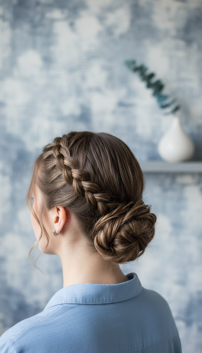 Chic Dutch side braid flowing into a polished low chignon bun, showcasing elegant texture in a bright minimalist setting.