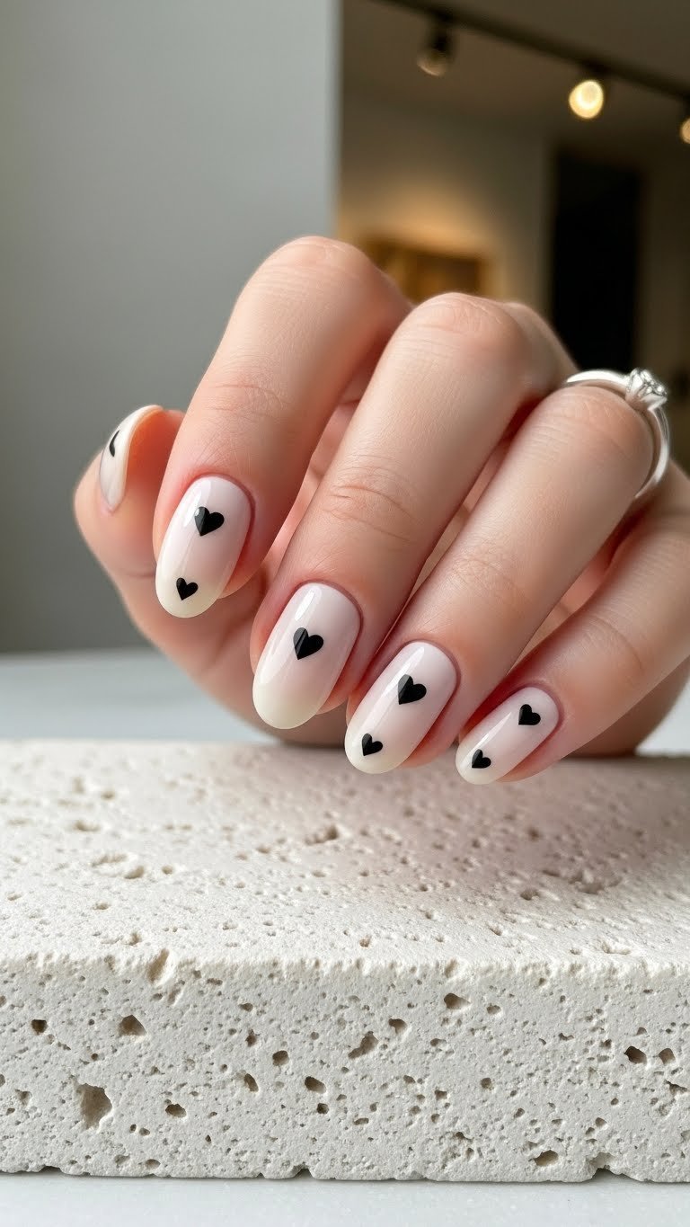 Chic minimalist matte neutral beige oval nails with tiny black heart outlines and a silver ring on a white stone surface. Modern nail art.
