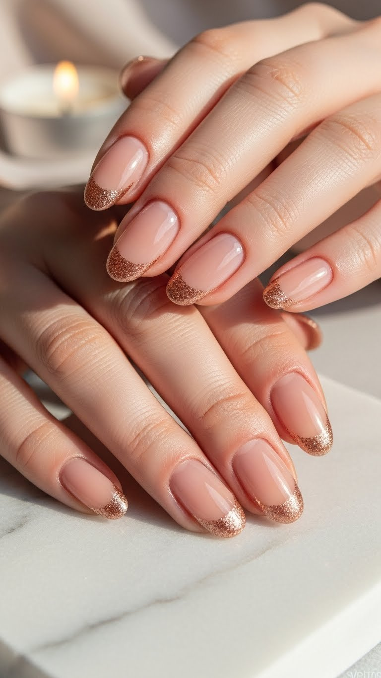 Chic oval nails with high-shine nude base and sophisticated rose gold glitter French tips. Elegant and modern nail art.