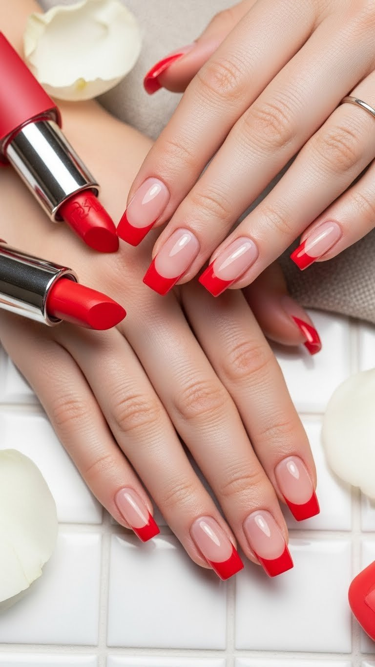 Chic red French tip nails on nude square nails with red lipstick & white rose petal on white tile, fresh manicure.