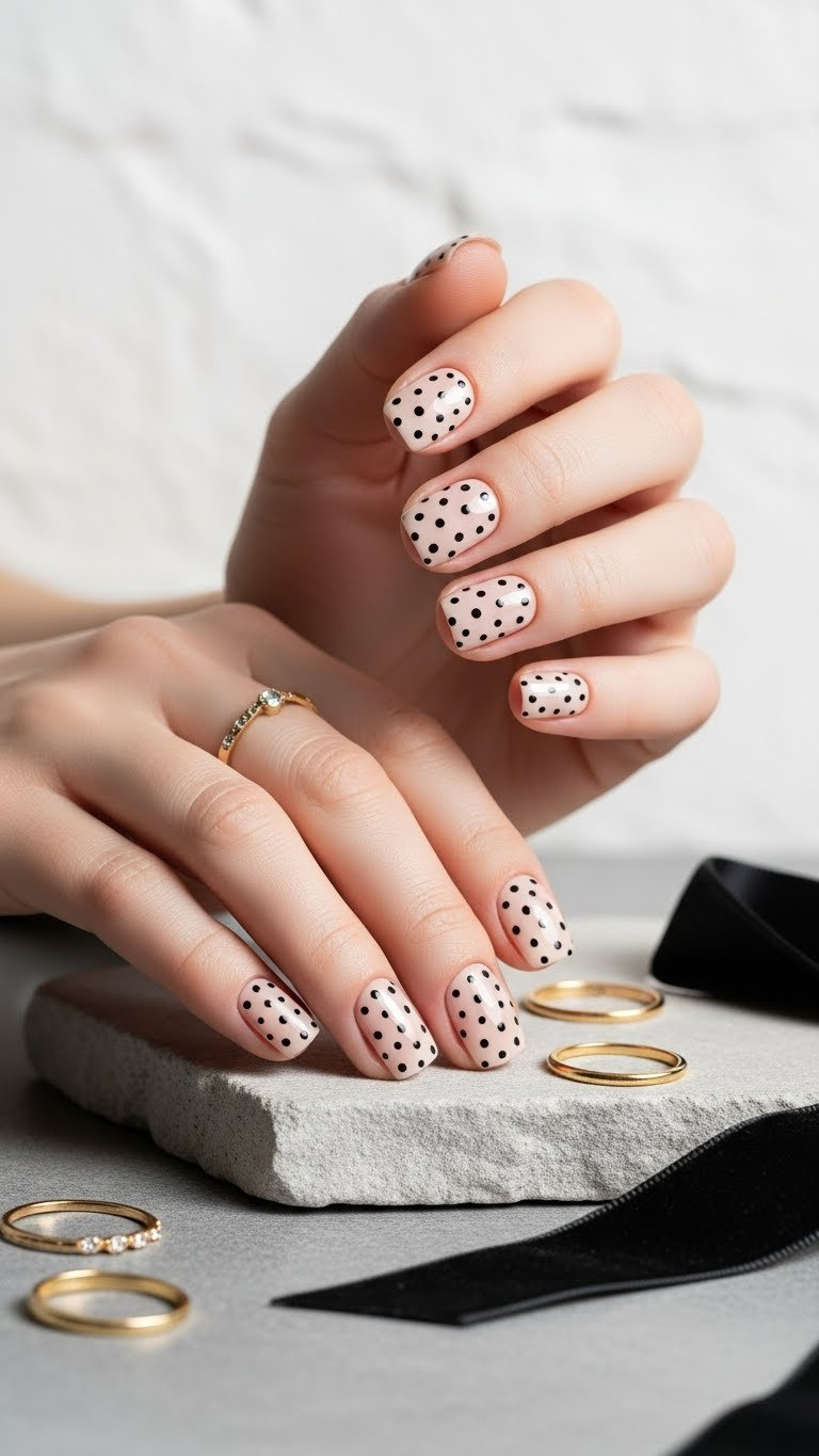 Chic short square Valentine's Day nails with minimalist black dots on a pale nude base, on a gray stone surface.