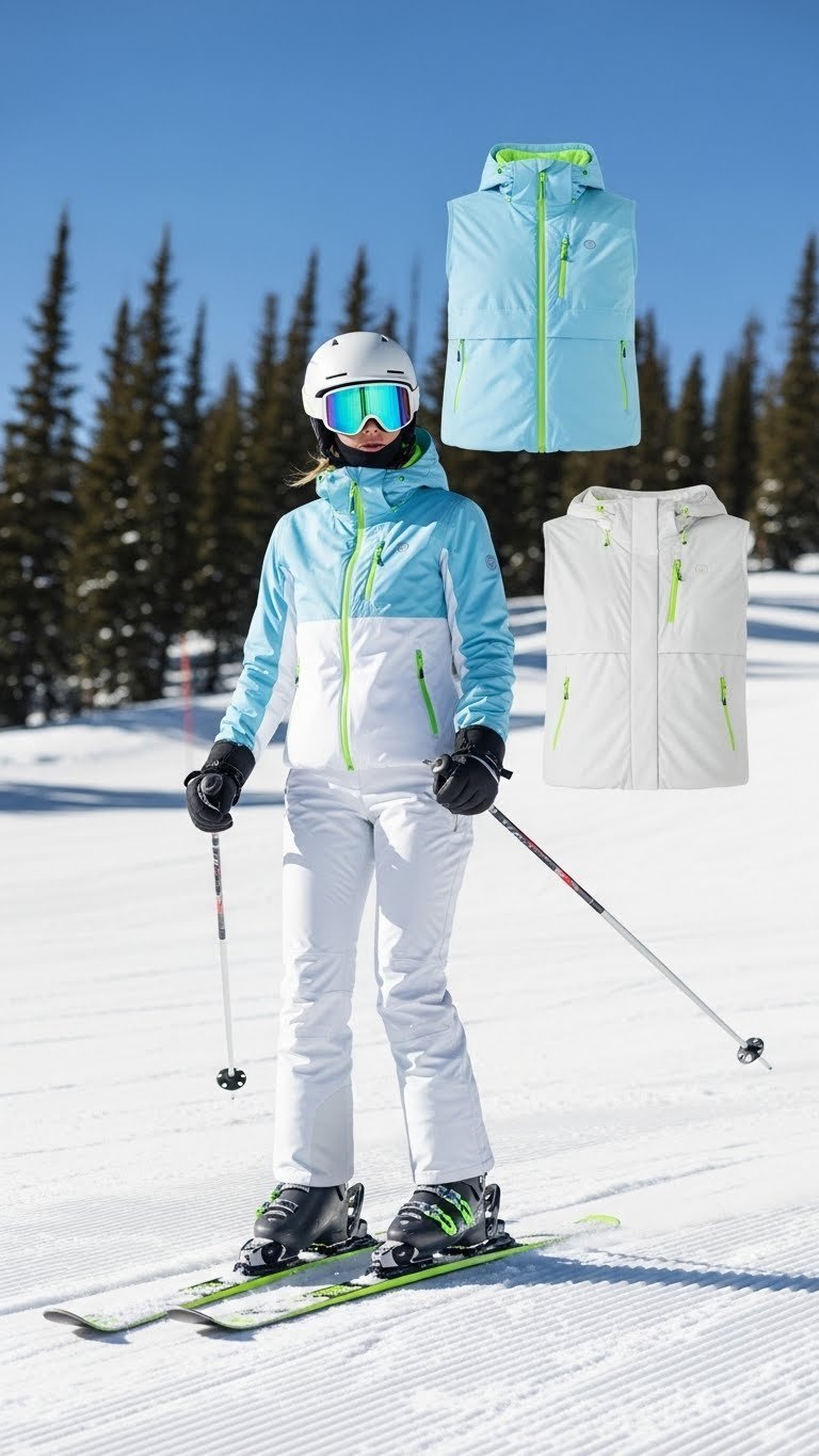 Chic ski slope outfit: fitted snow pants, bright ski jacket, goggles on helmet, ski poles, sporty, dynamic snow scene.