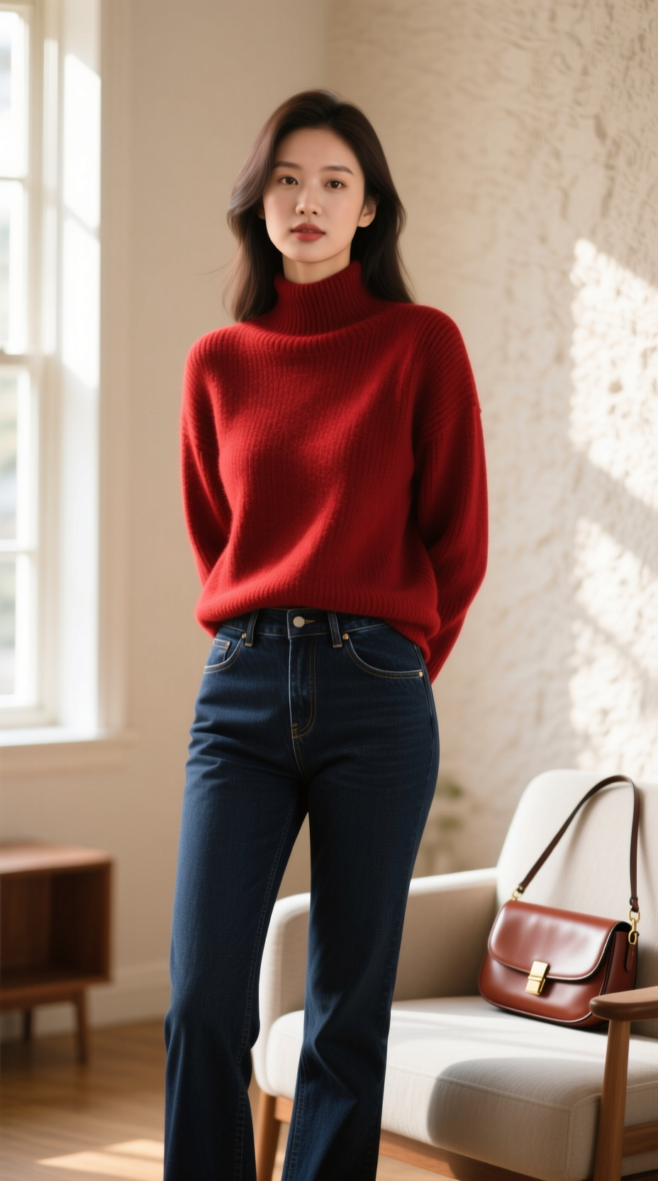 Chic winter outfit with a cream cable-knit merino wool sweater dress paired with tall brown suede boots.