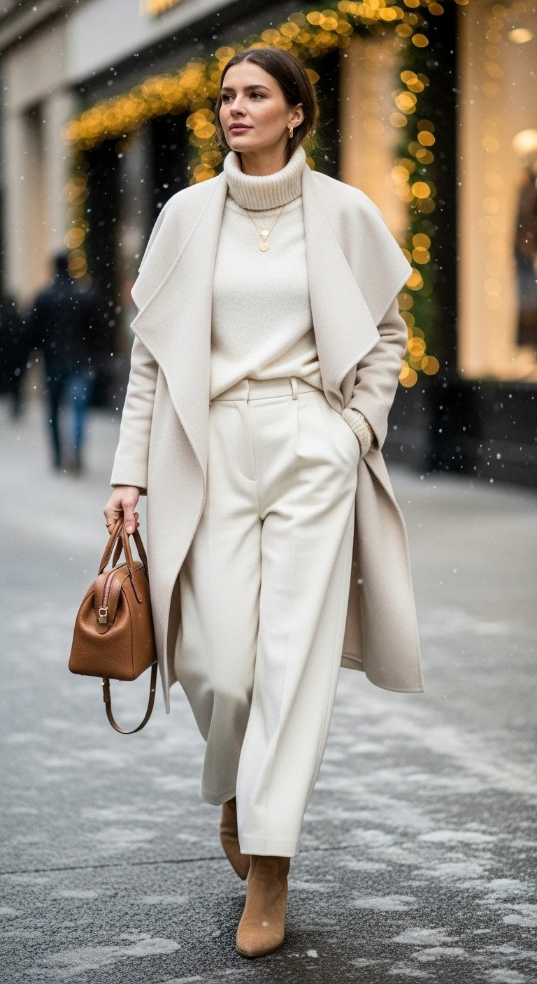 Chic woman wearing a forest green wide-leg jumpsuit and gold jewelry mingles at a modern holiday cocktail party.