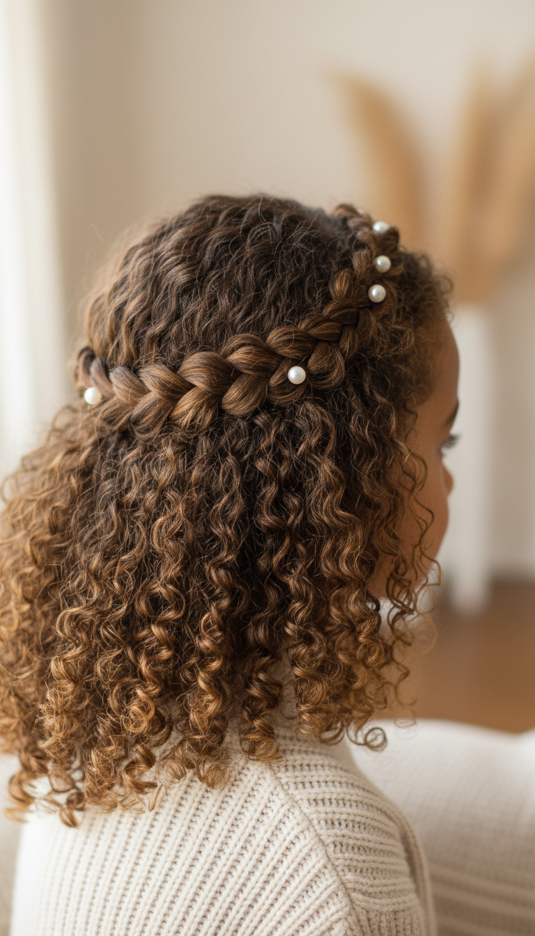 Child with elegant half-up crown braid and defined natural curls. Pearl pins accentuate protective style. Warm tones.