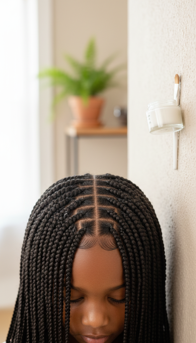 Child with hundreds of neat mini individual braids, showcasing perfectly controlled edges around the hairline. Edge control product.