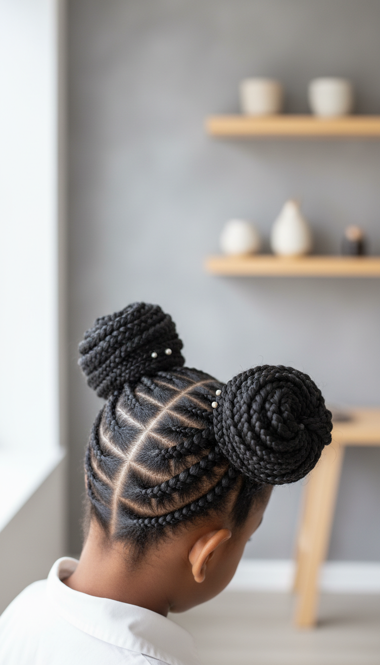 Child with neat upward-swooping cornrows transitioning into two voluminous buns with pearl accessories. Ideal winter updo.