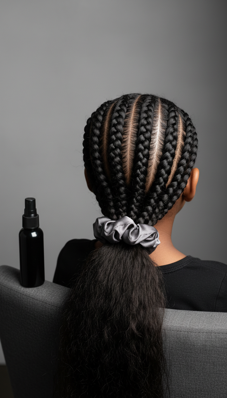 Child with precise stitch braids transitioning into a neat low ponytail, secured with a silk scrunchie. Elegant protective style.