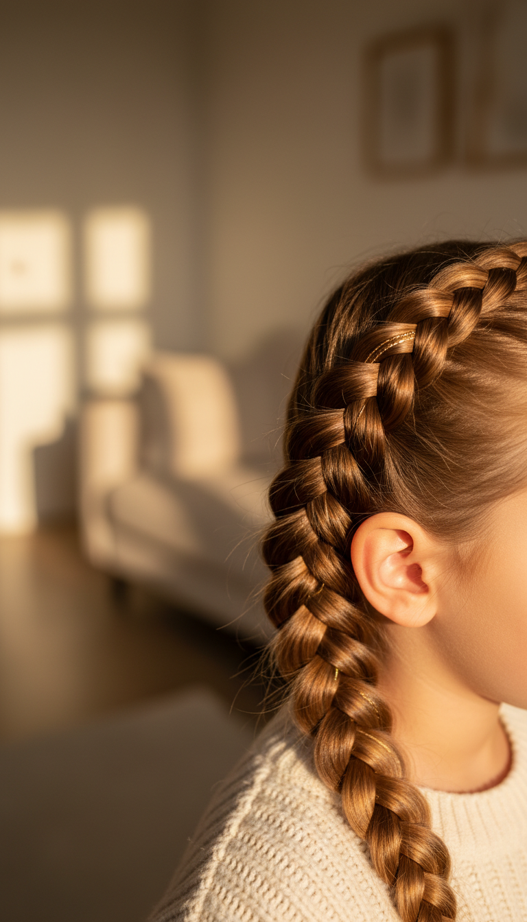 Child with two large, glossy side swept goddess Dutch braids, adorned with a subtle metallic hair wrap. Elegant style.
