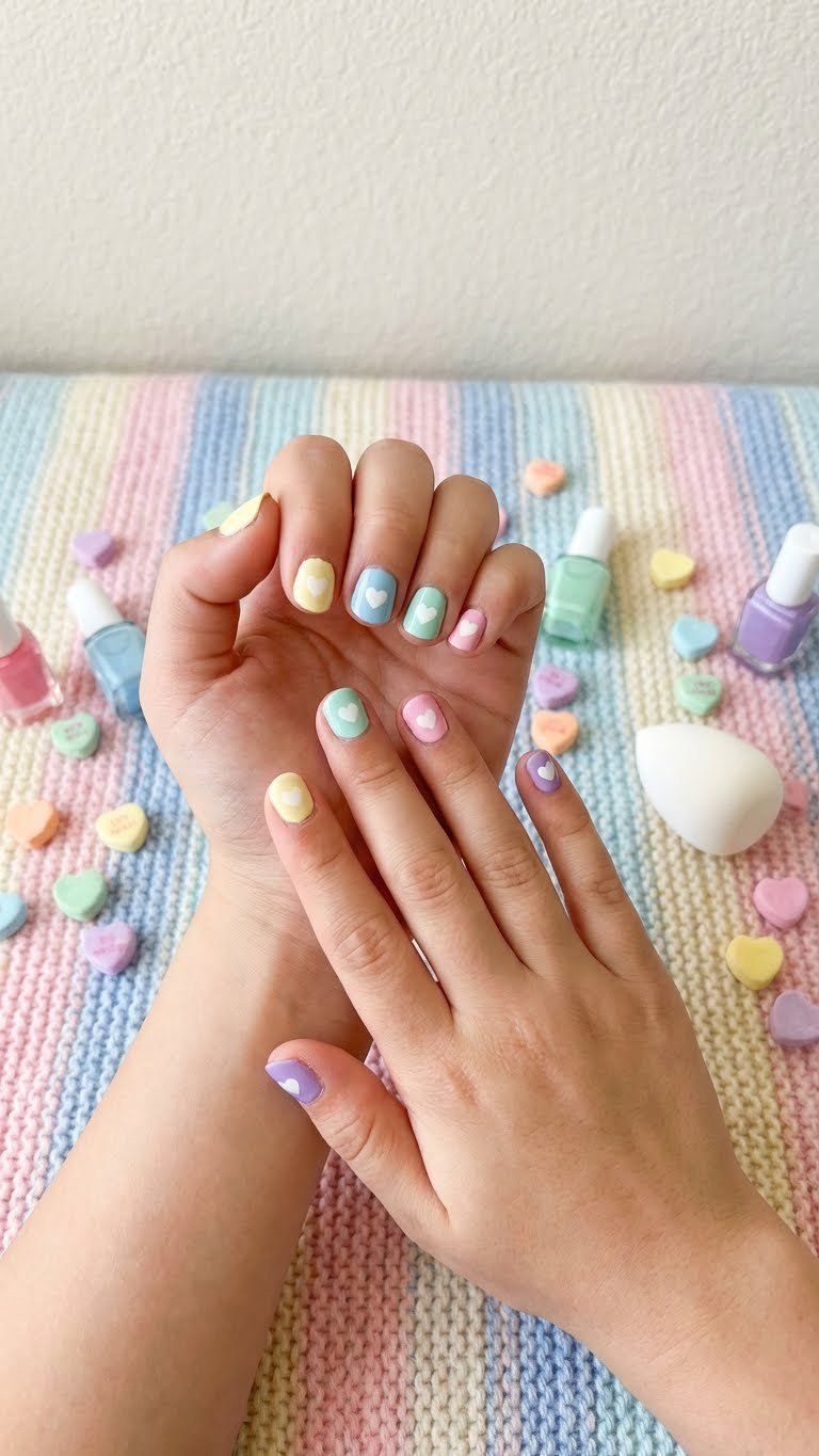 Child's nails with pastel colors & white candy hearts. Creative Valentine's Day nail designs for girls on a striped blanket.