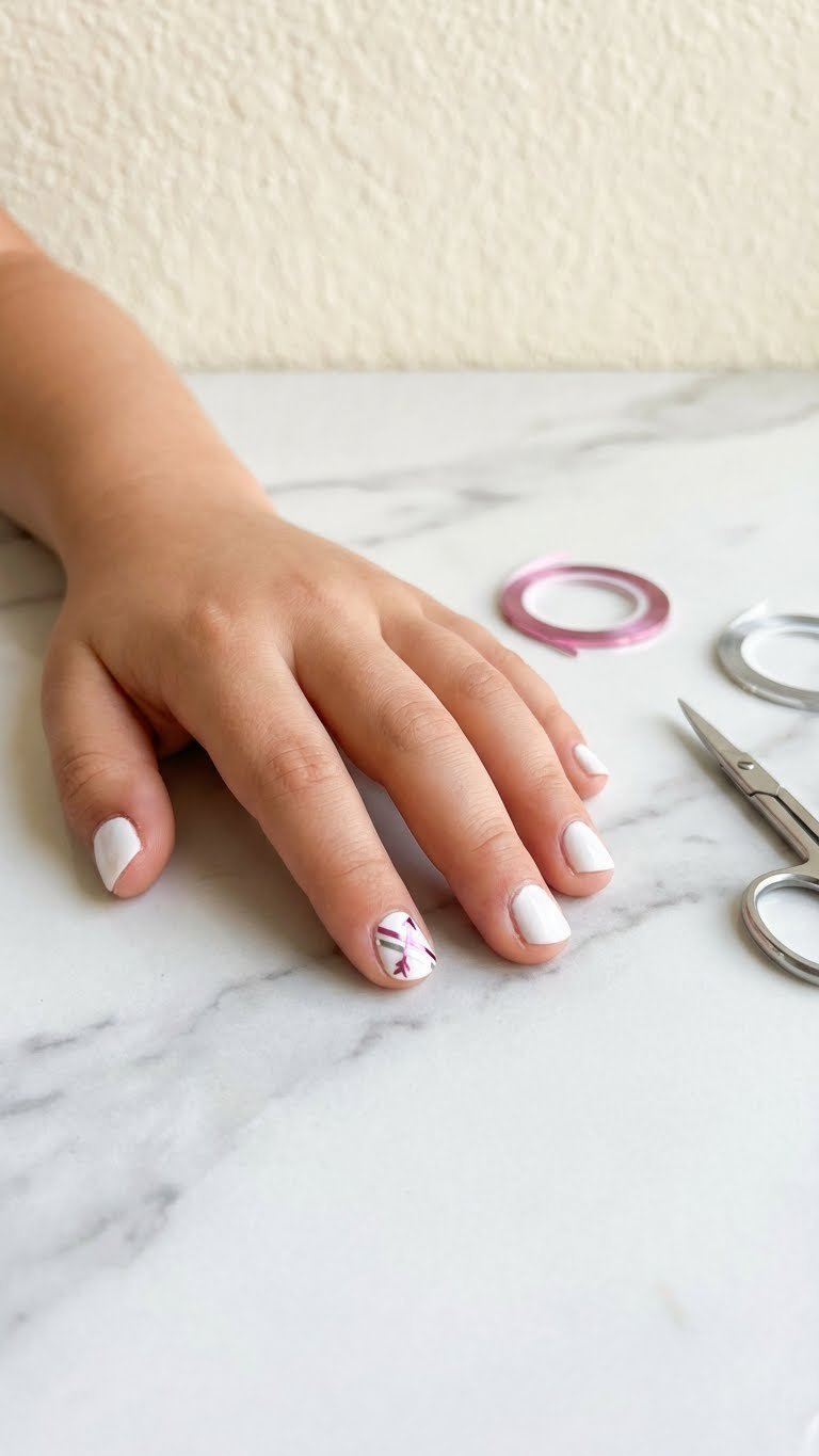 Child's nails with pink and silver metallic striping, cupid's arrow design on white polish. Simple nail art for children.