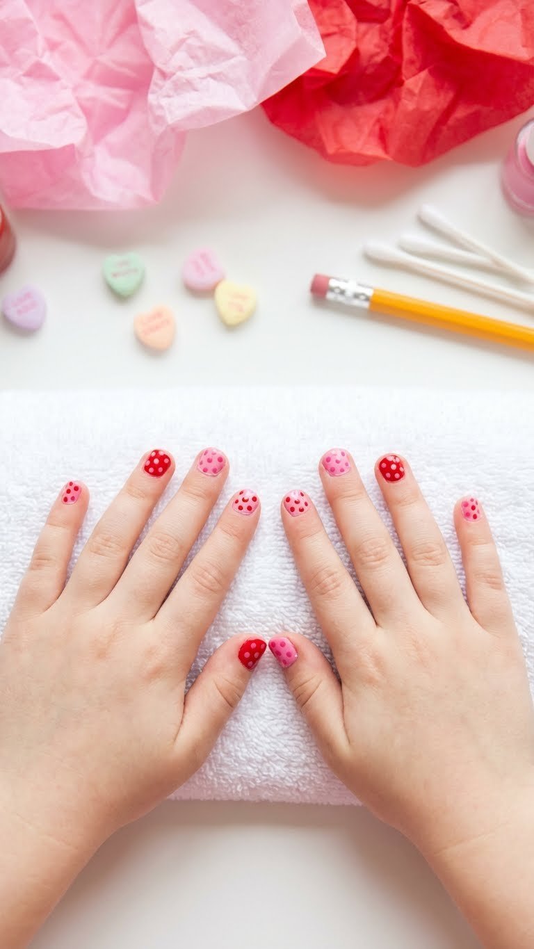Child's short nails with cheerful red and pink polka dots, 'love bug' theme. Cute nail designs for small fingers.