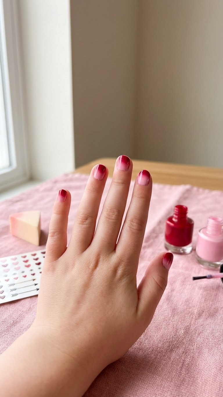 Child's short nails with soft red to pink ombre gradient, showcasing cute Valentine's Day nail art for kids on a pink linen cloth.