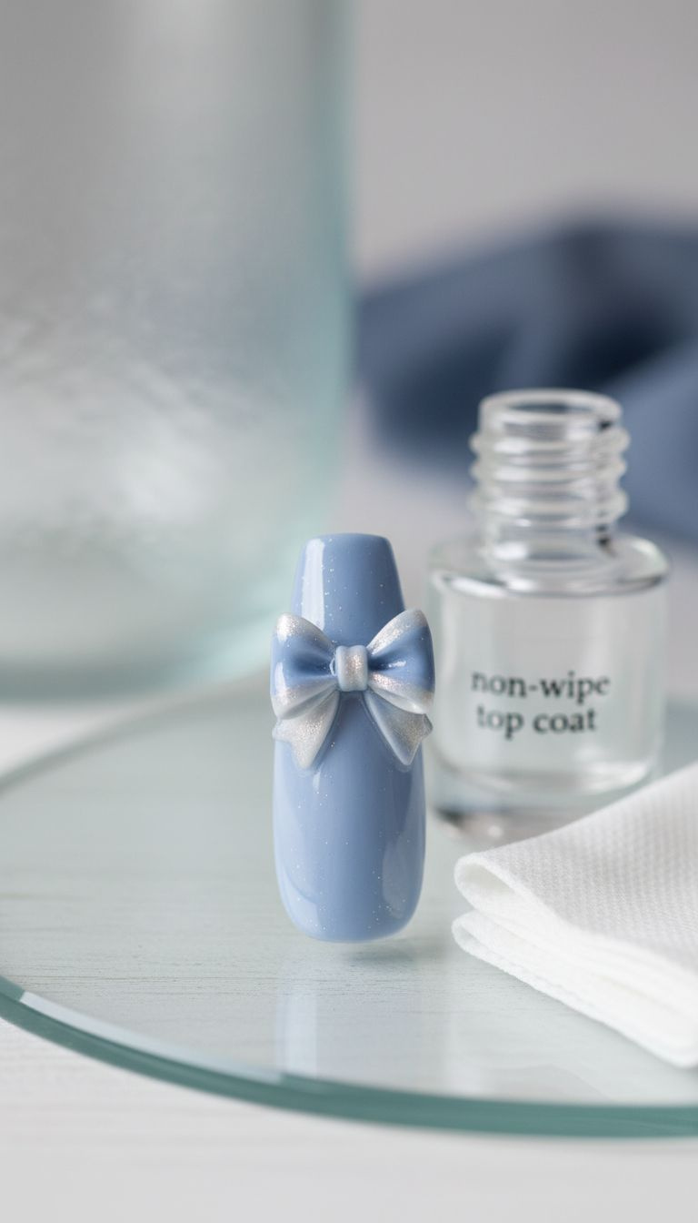 Christmas 3D bow nails: close-up showing clear builder gel encapsulation for snag-free, glossy, elegant finish. Nail art technique.