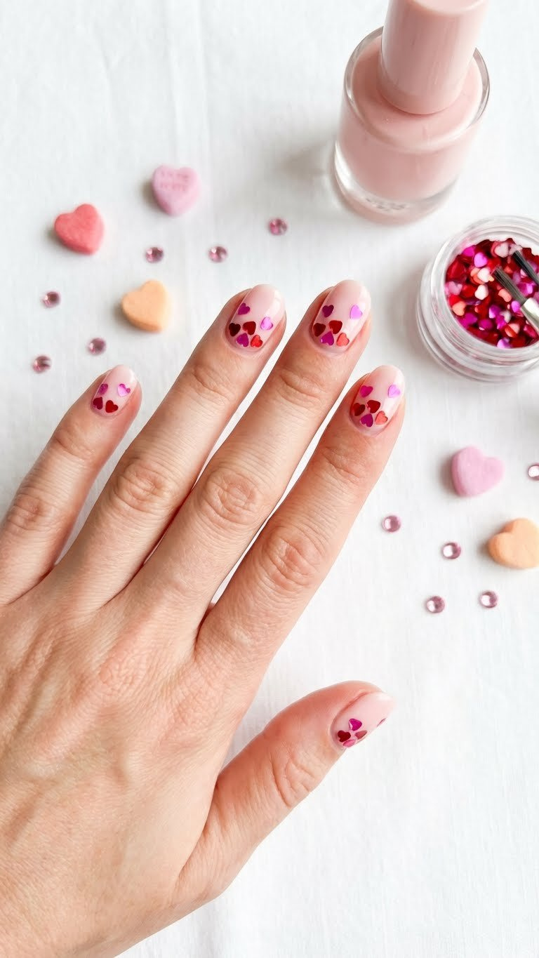 Chunky heart glitter accent nails: white base with red & hot pink 3D hearts. Flat lay with Valentine's candy hearts on white linen.