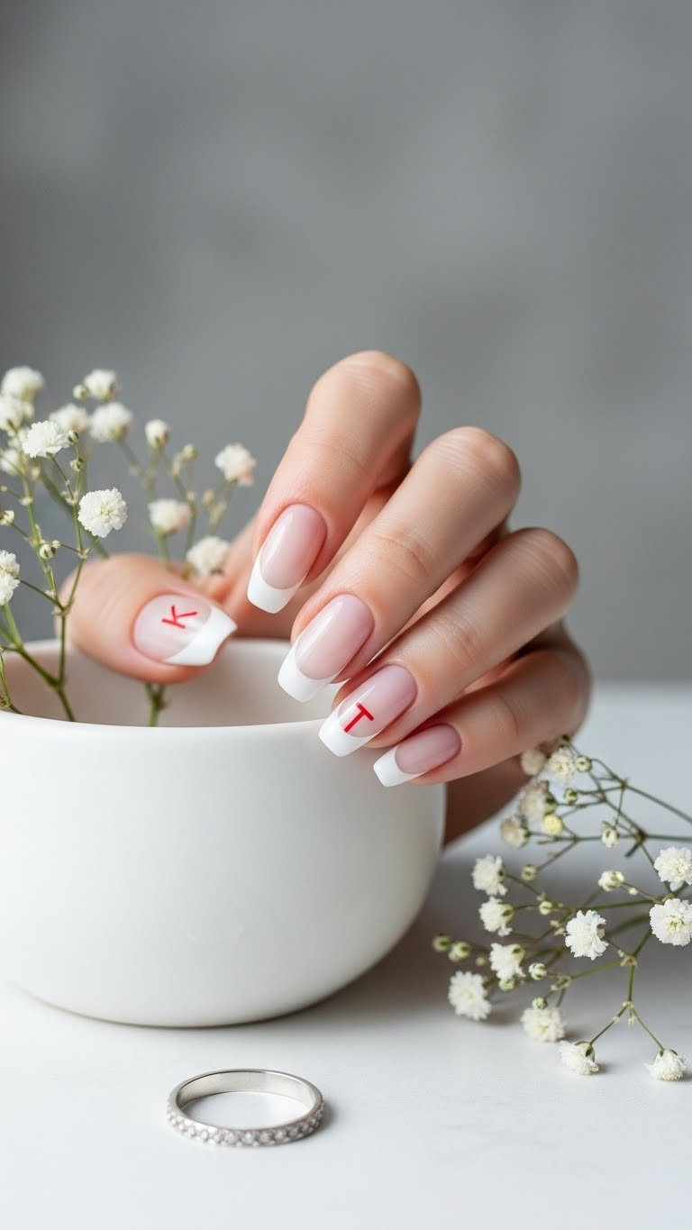 Classic French tip manicure with a tiny red initial 'K' on an accent nail, complemented by a silver ring.