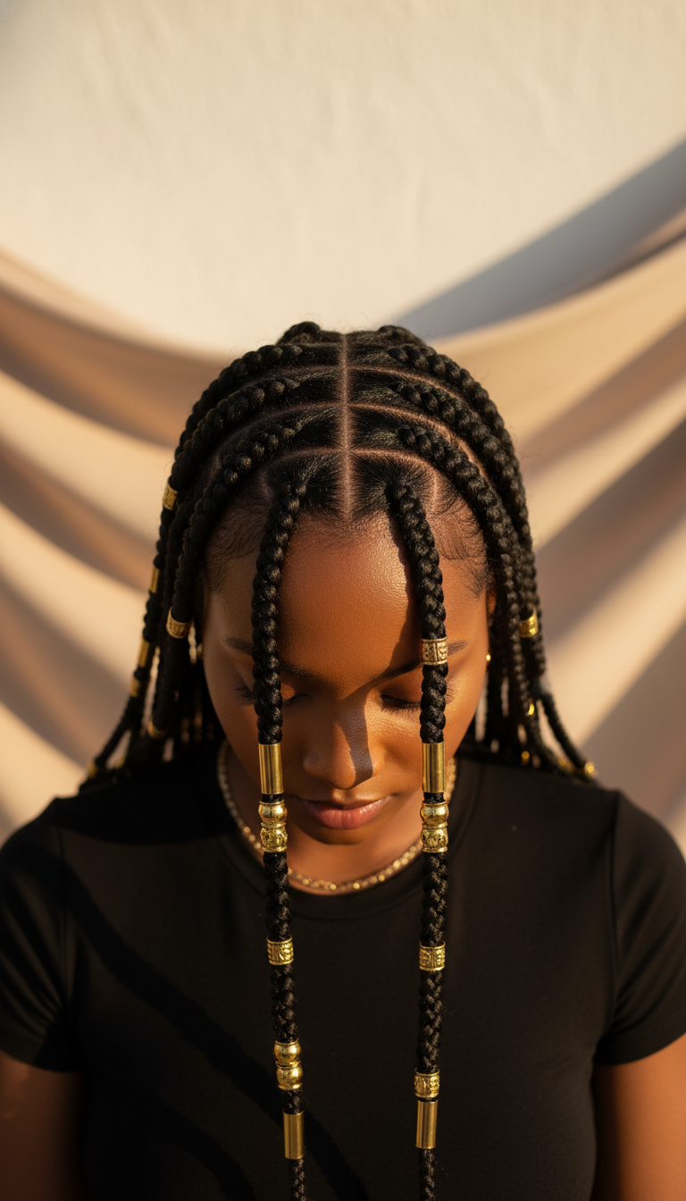 Classic Fulani braids with thin cornrows, a central part, face-framing braids, and tasteful gold beads and cuffs.