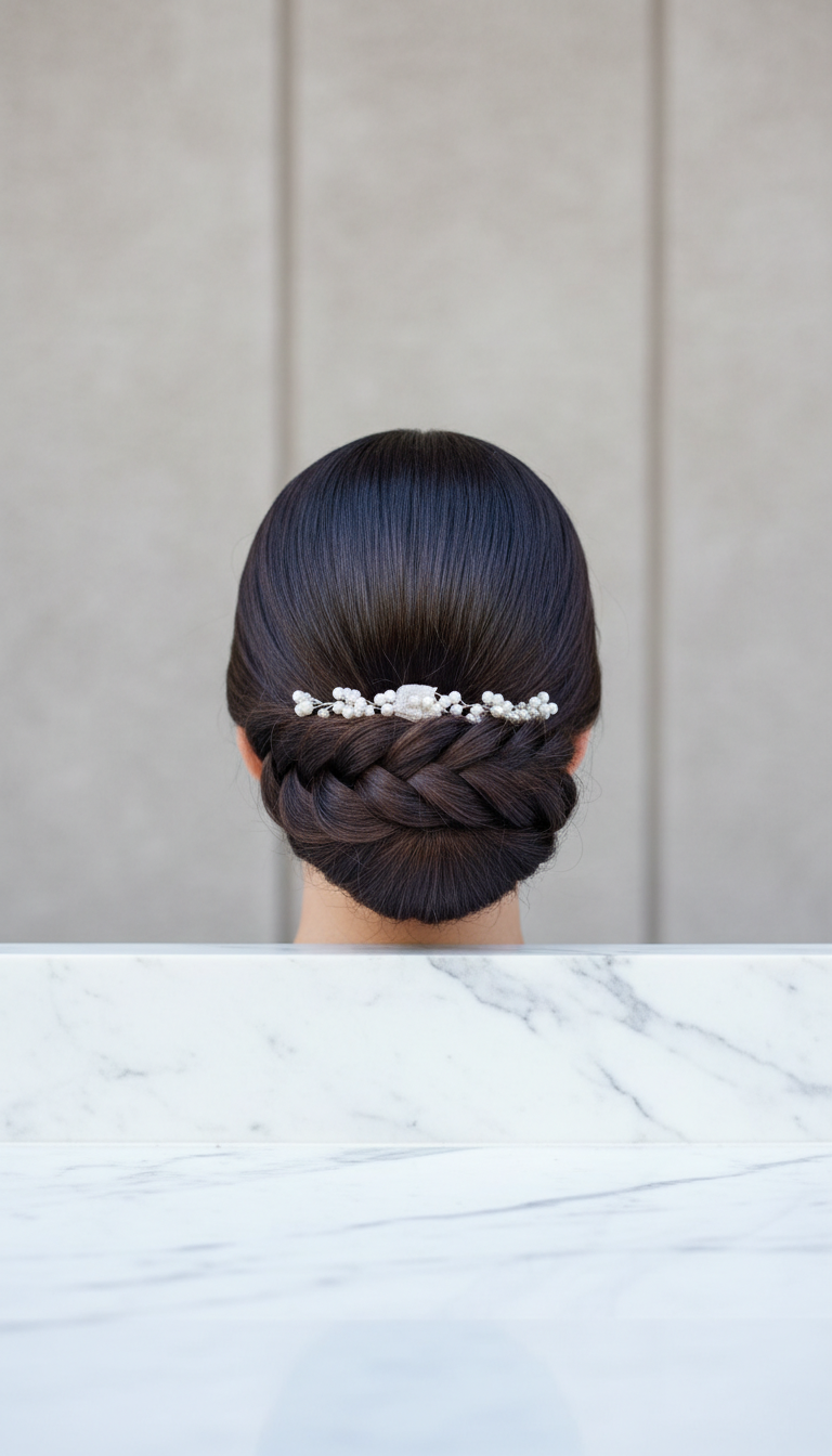 Classic braided low bun, sleek and polished, showcasing an elegant updo with minimalist hair jewelry for a refined look.