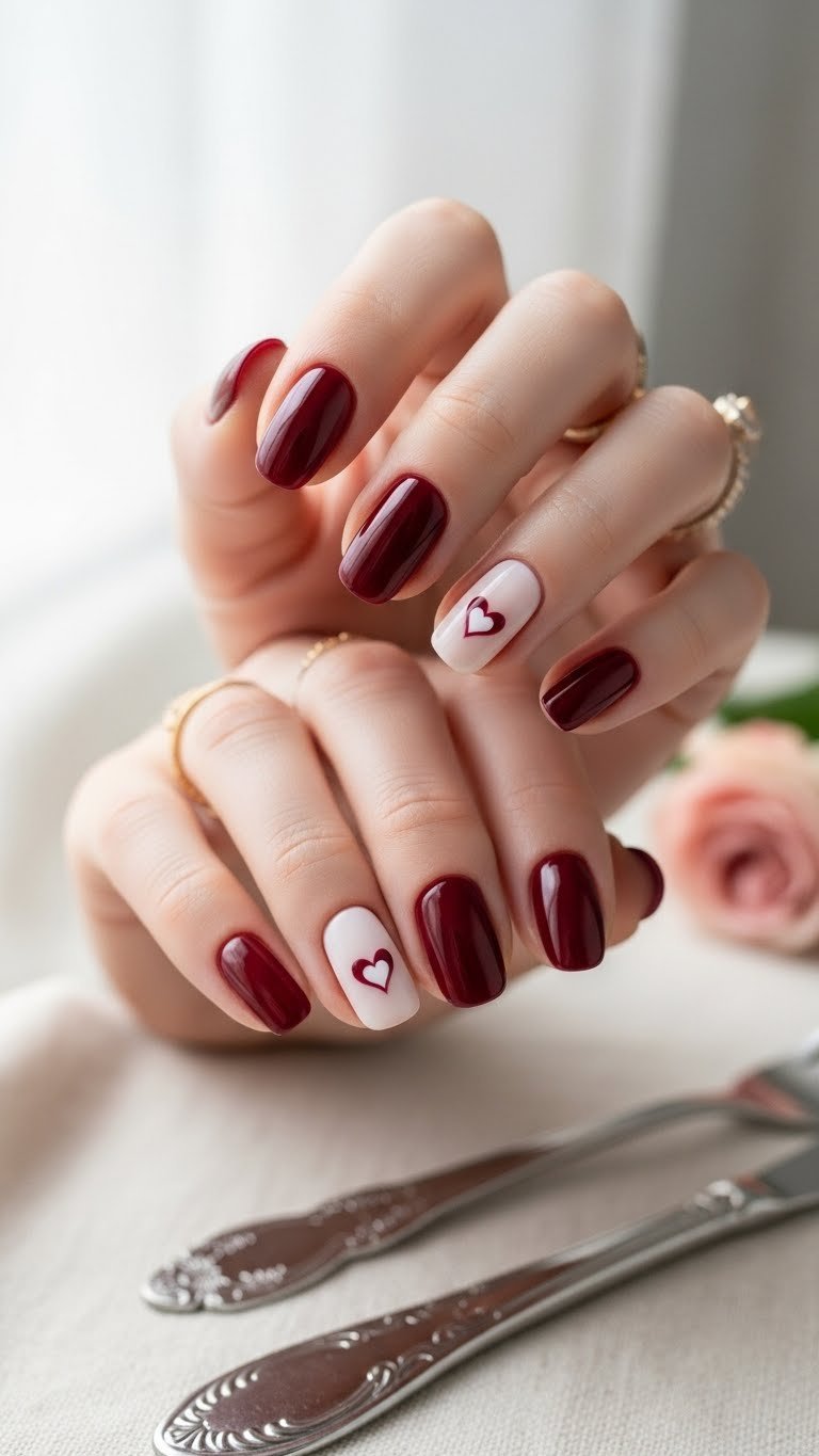 Classic glossy burgundy oval nails with delicate white heart accent art on linen, soft focus, ideal for romantic manicures.
