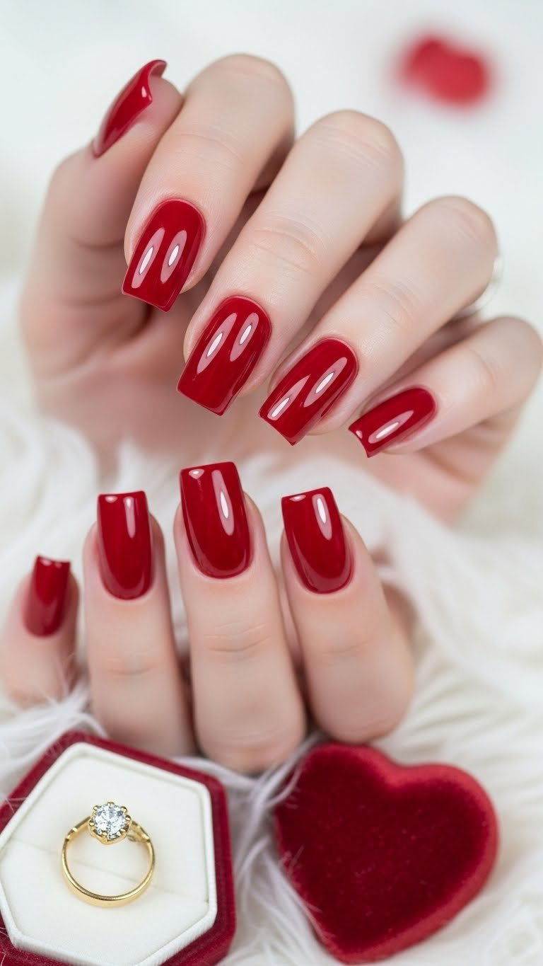 Classic glossy cherry red square nails with a high-shine finish, on luxurious white faux fur near a velvet ring box.