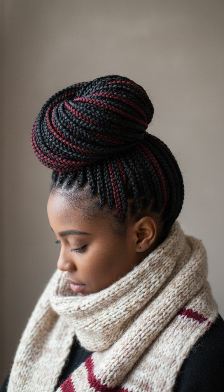 Classic medium box braids in a high bun, showcasing durable, versatile winter style. Elegant protective look with a cozy knit scarf.