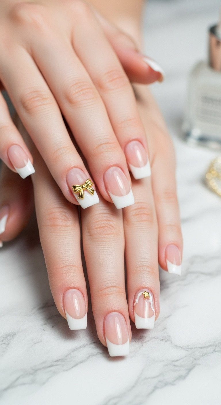 Classic milky French tip manicure with a small gold bow accent at the cuticle line. Elegant minimalist nail art on marble.