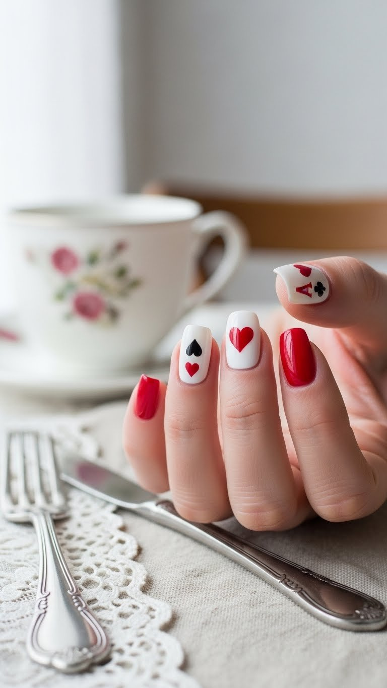 Classic red and black Queen of Hearts nail art. Manicured hand with white accent nail, black heart over red, deep red nails. Elegant style.