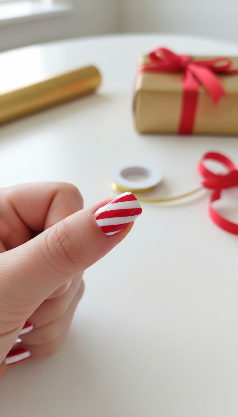 Classic red and white candy cane striped nail art, showcasing crisp lines, with gold striping tape on a white desk.