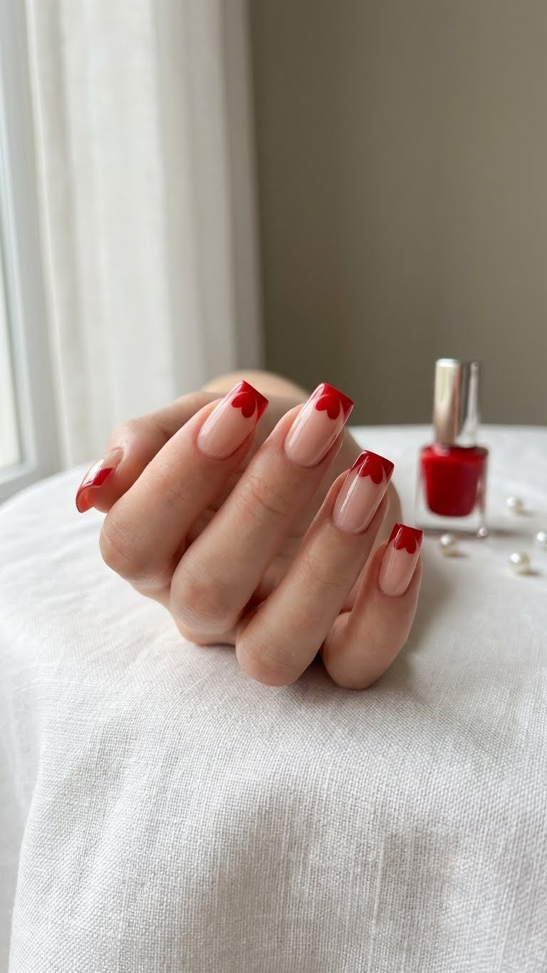 Classic red heart French manicure on medium nails with nude base. Crisp red heart tips and polish bottle on linen.