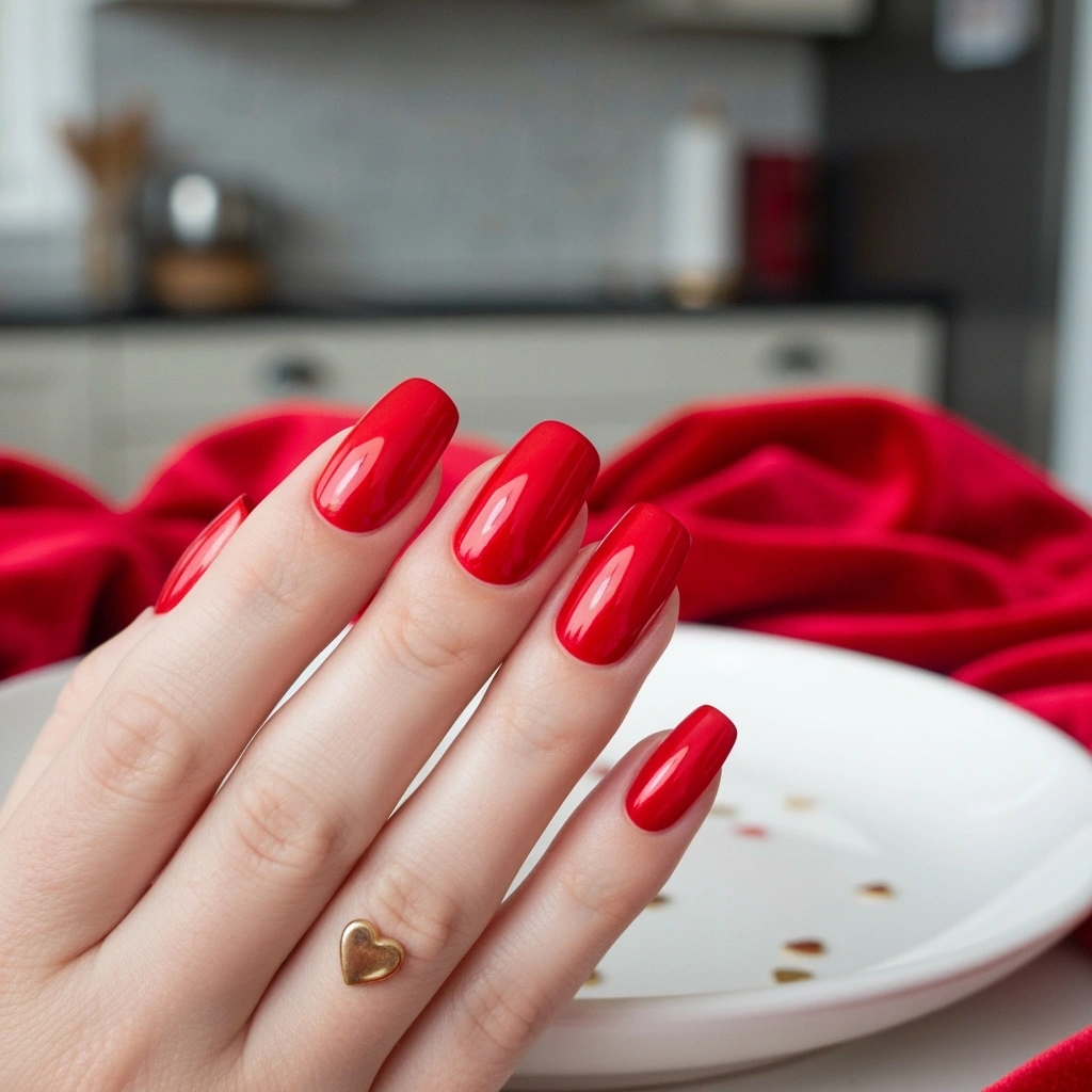 Classic red mirror chrome nails with glossy, reflective finish, gold hearts, red velvet. Perfect for Valentine's Day.