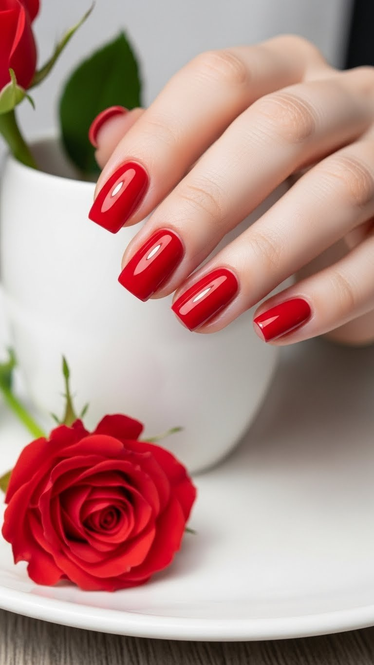 Classic short square nails in a rich, high-gloss true red polish, embodying a timeless and powerful elegance.