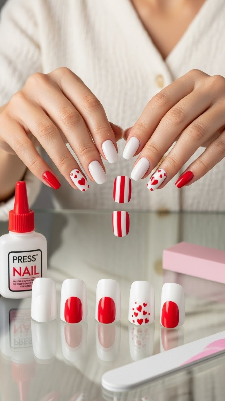 Classic white and red short almond press-on nails for Valentine's Day, shown with nail glue on a glass table.