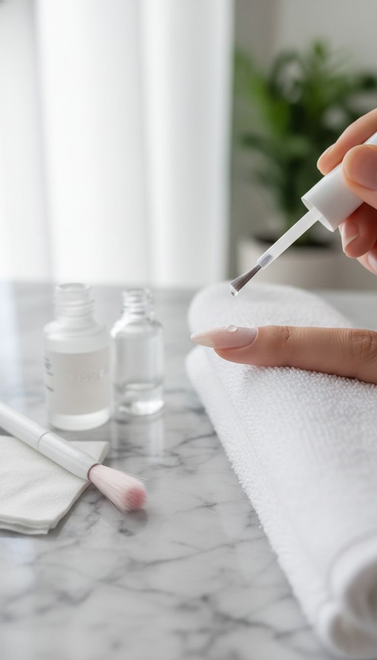 Clean almond nail receiving a precise coat of nail dehydrator for professional prep. Spa setting, white towel.