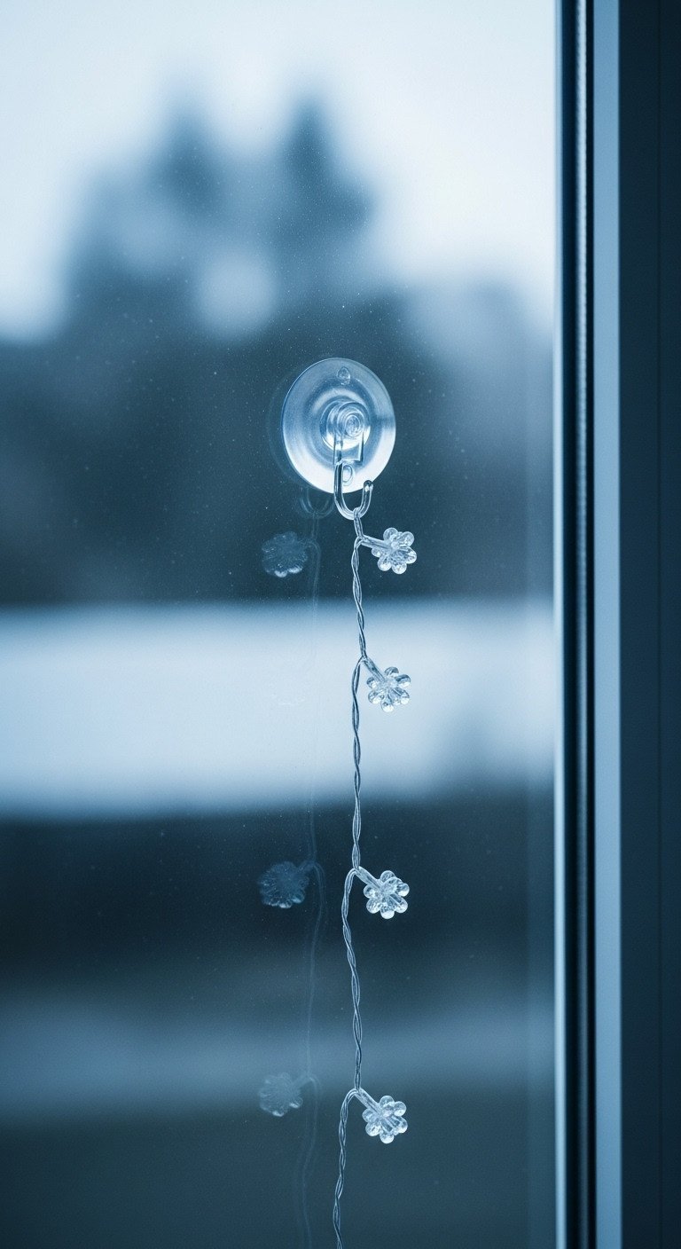 Clean glass window with delicate white fairy lights secured by small transparent suction cup hooks, soft window light.