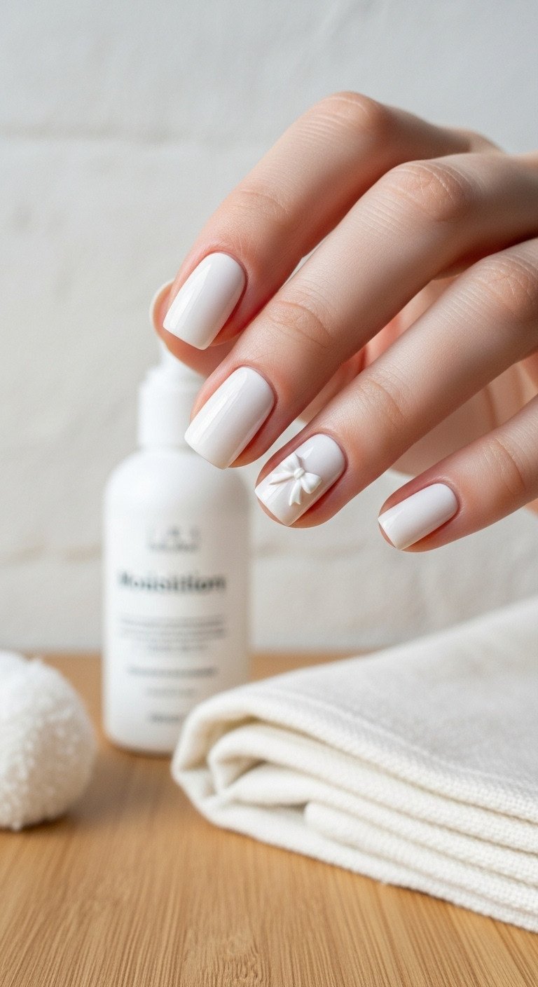 Clean off-white short square nails with a tiny white bow decal at the cuticle, minimalist everyday manicure.