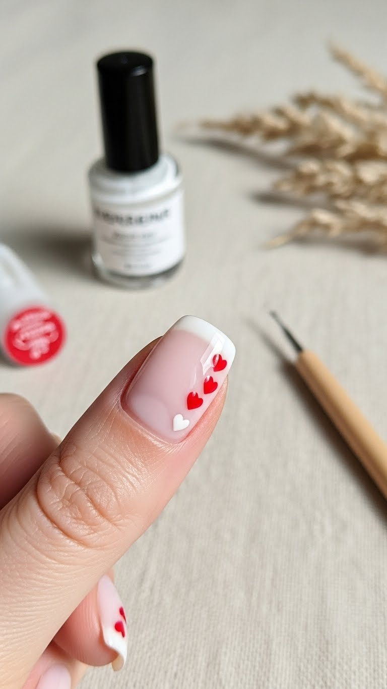 Clean, short nail with minimalist micro-heart cluster negative space design, featuring tiny red and white hearts at the cuticle.