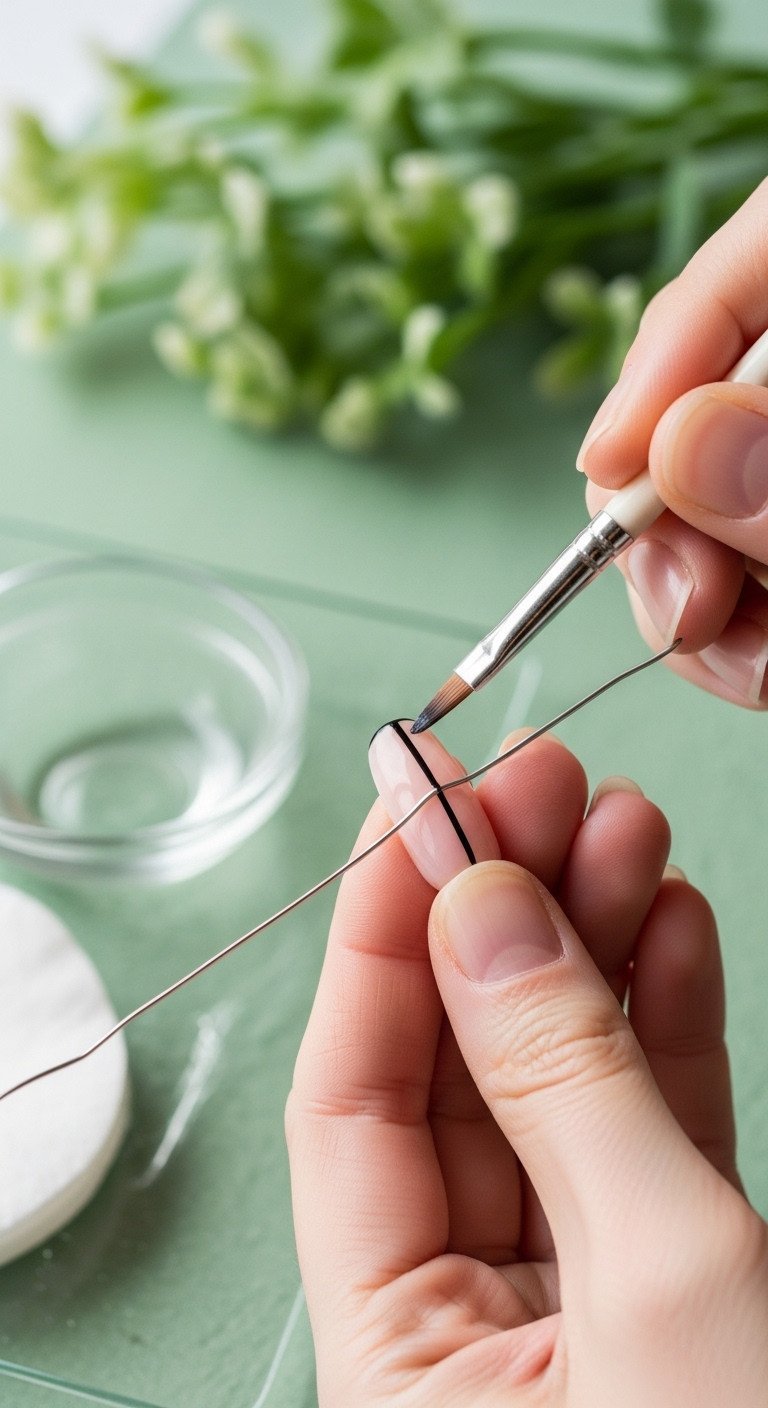 Clean-up brush dipped in acetone meticulously sharpens wobbly black wire nail art line on glass surface. Cotton pads.