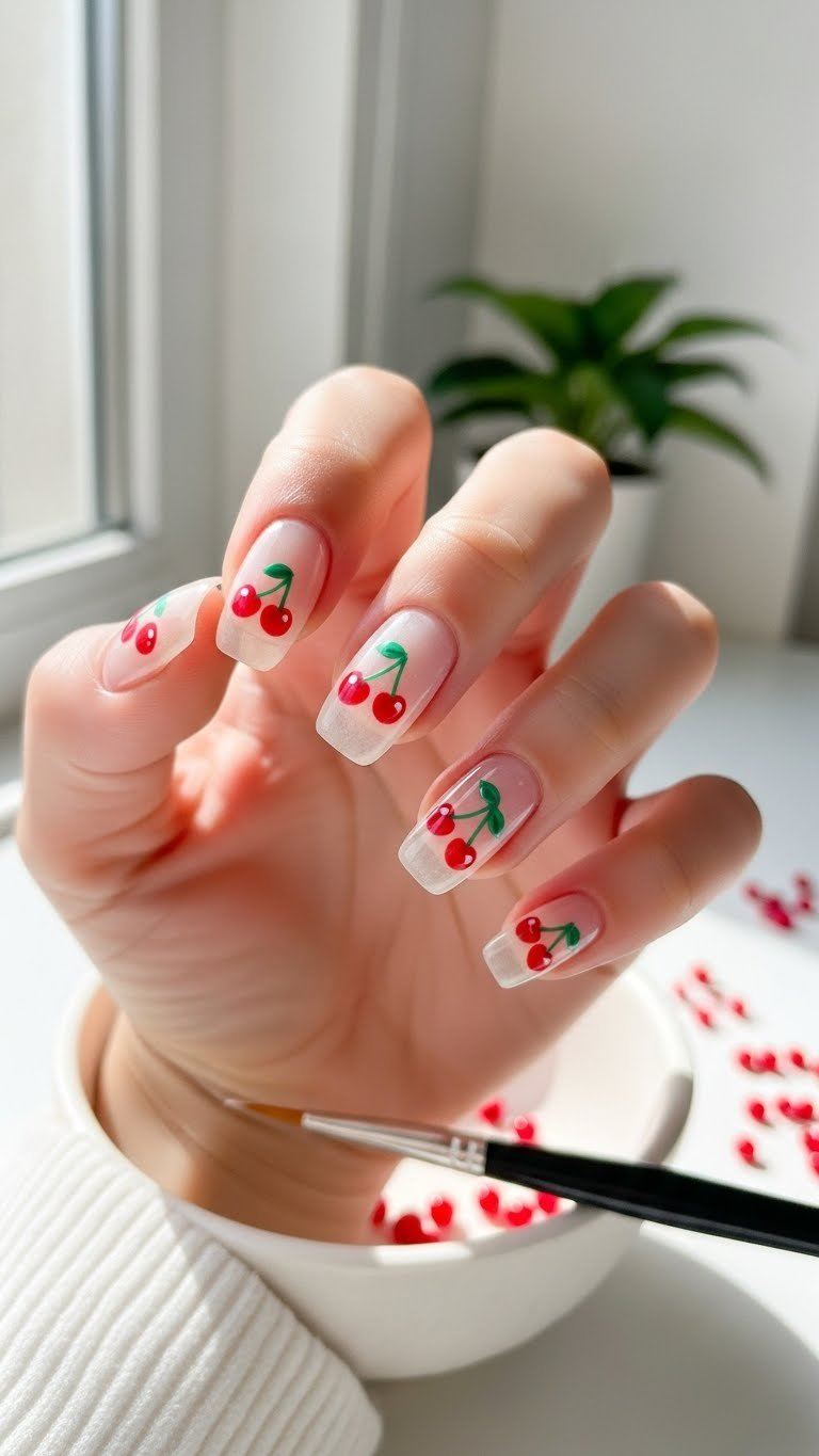 Clear jelly nails with hand-painted red cherry heart accents, white ceramic dish, nail art brush, red beads.