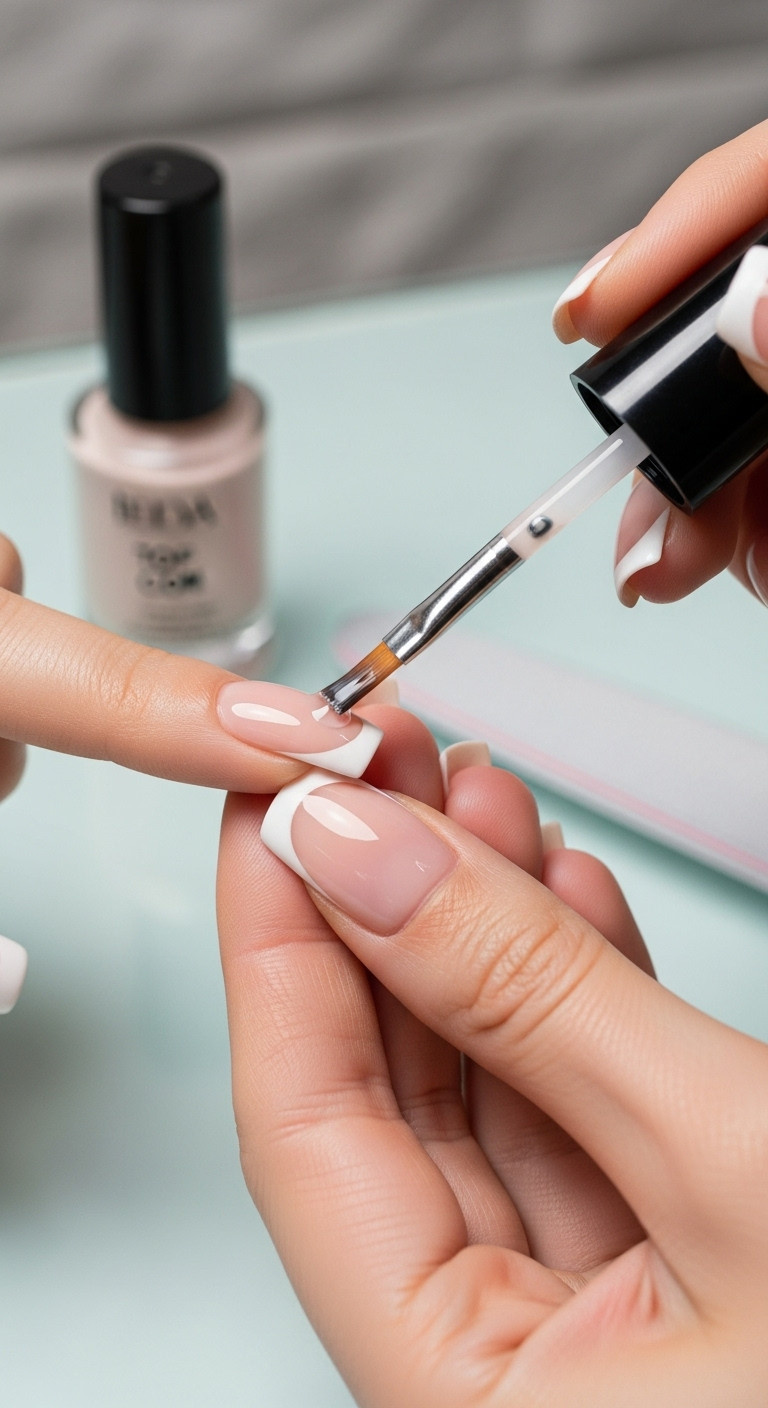 Clear top coat meticulously brushed over and underneath a sharp square nail tip, sealing the edge for long-lasting wear.