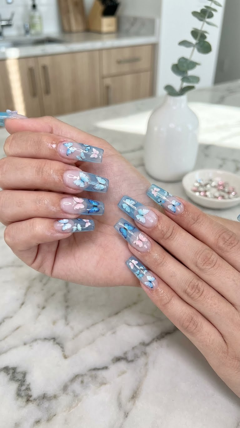 Clear y2k butterfly nails: long square with encapsulated 3D charms, glossy builder gel, on marble.