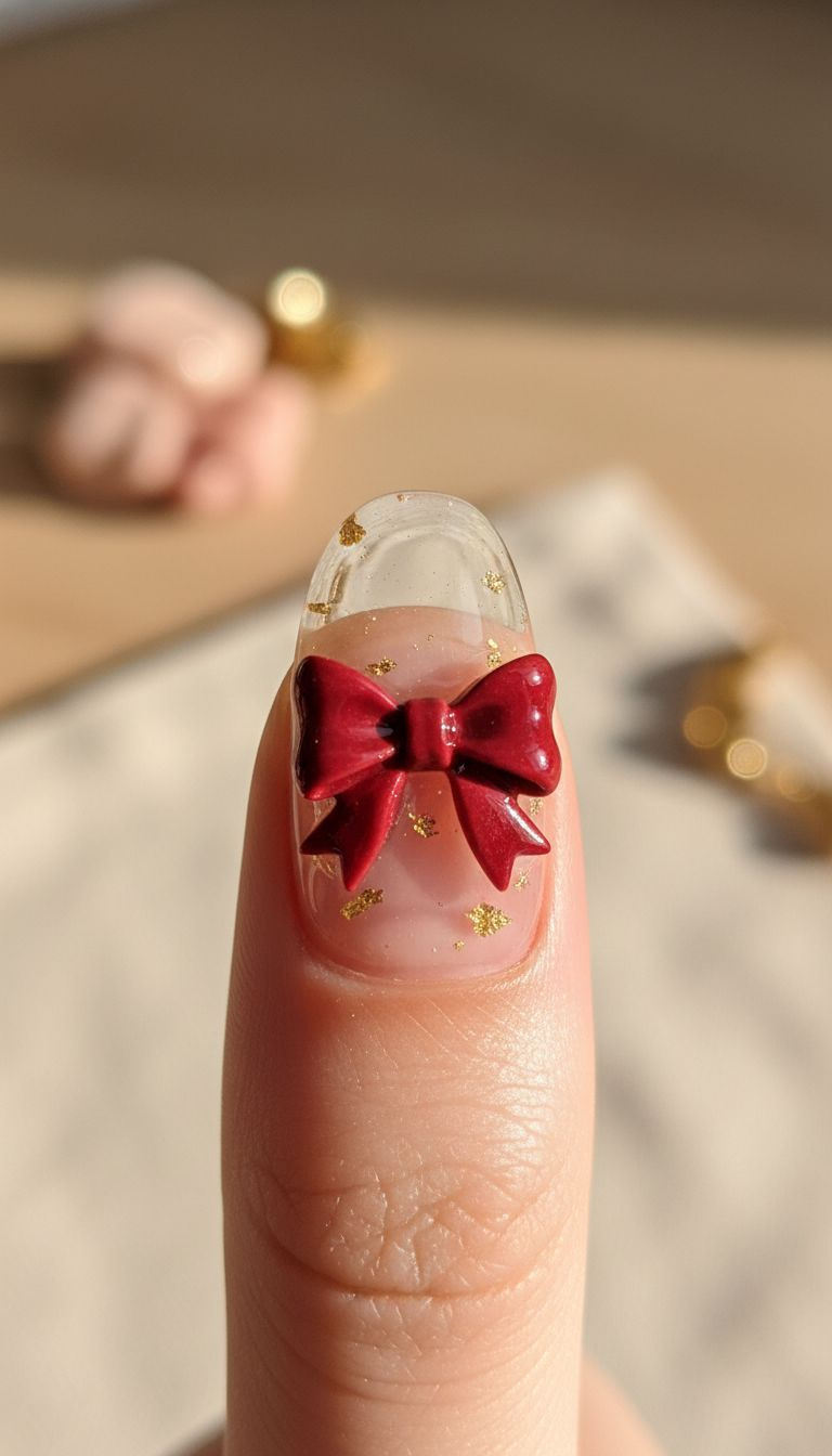 Close-up: 3D red bow securely embedded in clear builder gel. Seamless connection, gold flakes. Professional nail art detail.