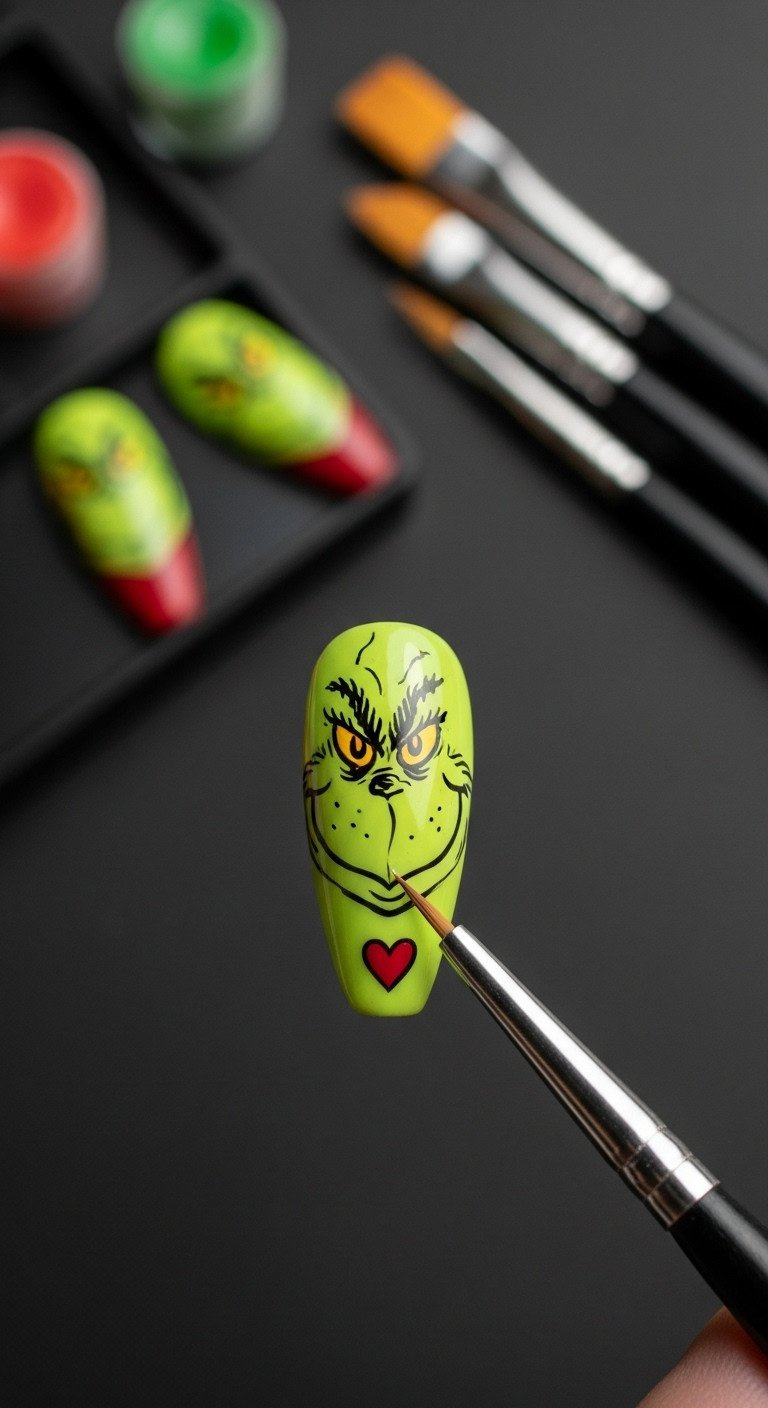 Close-up hand-painted Grinch face on a chartreuse green acrylic nail tip, showing yellow eyes, black outlines, and a tiny red heart decal.